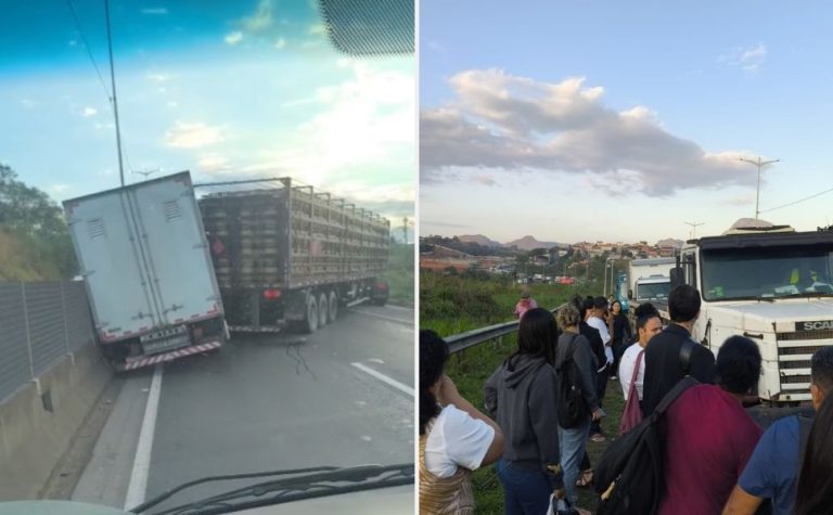 Acidente entre duas carretas, caminhão e ônibus interdita Rodovia do Contorno