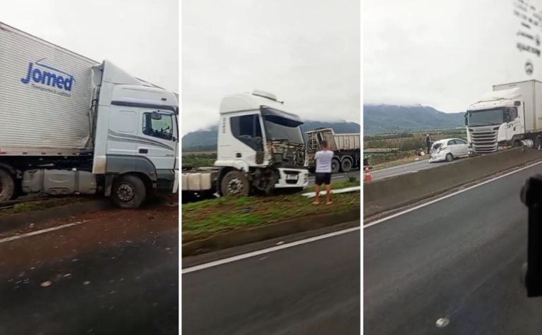 Acidente entre duas carretas e um carro interdita via na Rodovia do Contorno