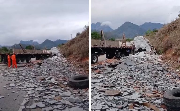 Carreta carregada com granito tomba e interdita rodovia no ES
