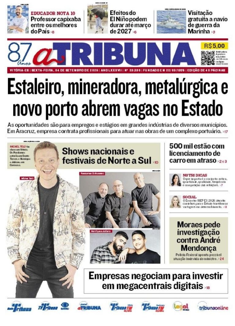Confira os destaques do jornal A Tribuna desta sexta-feira