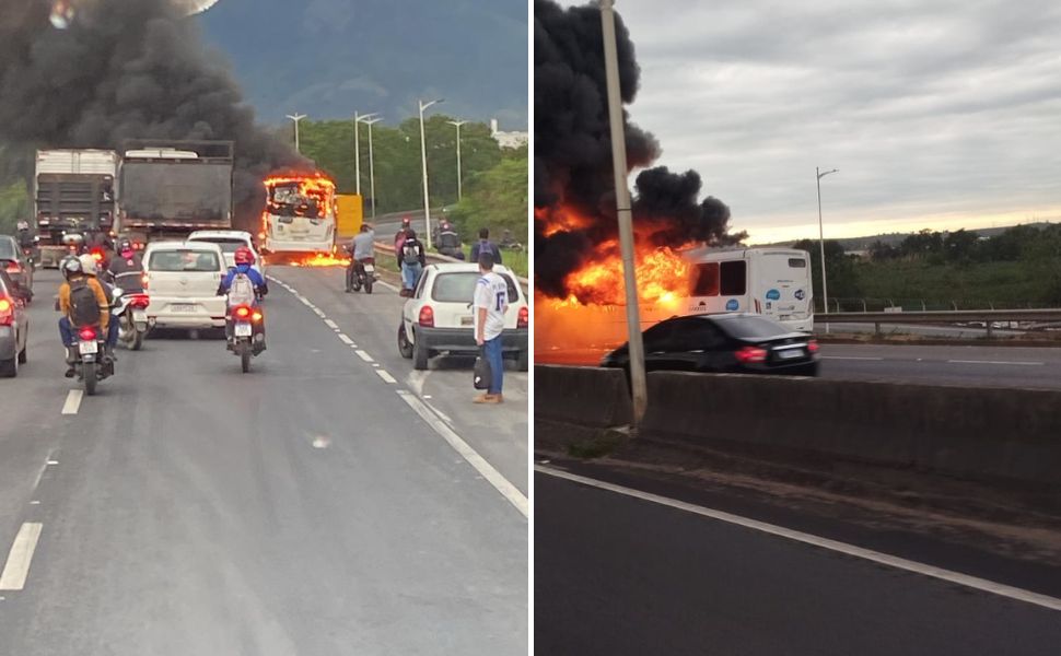 Ônibus do Sistema Transcol pega fogo e deixa trânsito intenso no Contorno
