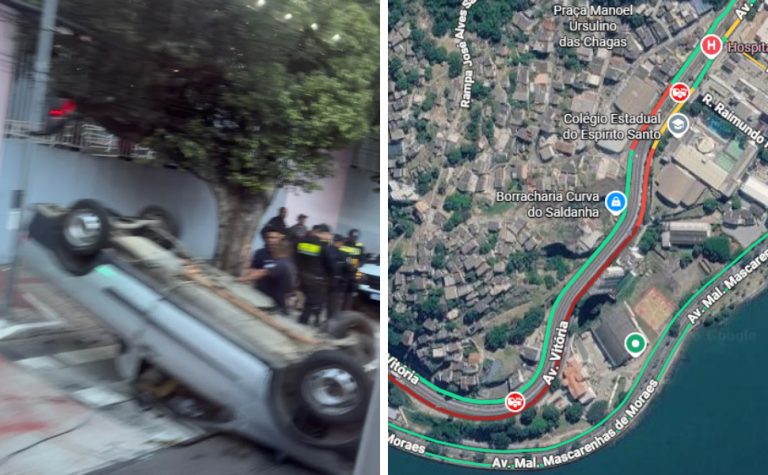 Carro capota e complica o trânsito na Curva do Saldanha